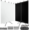Black White Backdrop Screen with Stand Kit for Photo Video Studio Filming 5X6.5ft, Black Backdrop White Photo Curtain Background with T Shape Stand and 5 Spring Clamp for Photography Party Decorations by JEBUTU