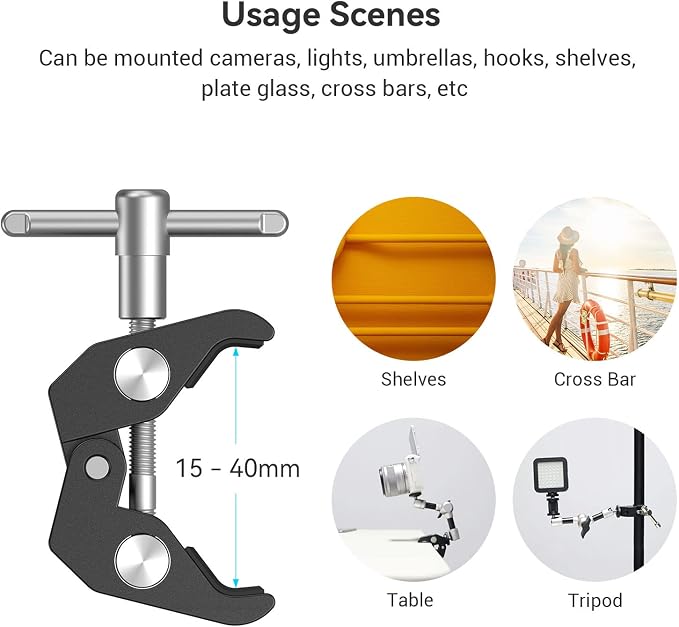 SMALLRIG Super Clamp with 1/4 and 3/8 Thread for Cameras, Lights, Umbrellas | for Hooks / Shelves / Plate Glass / Gross Bars - Image 8