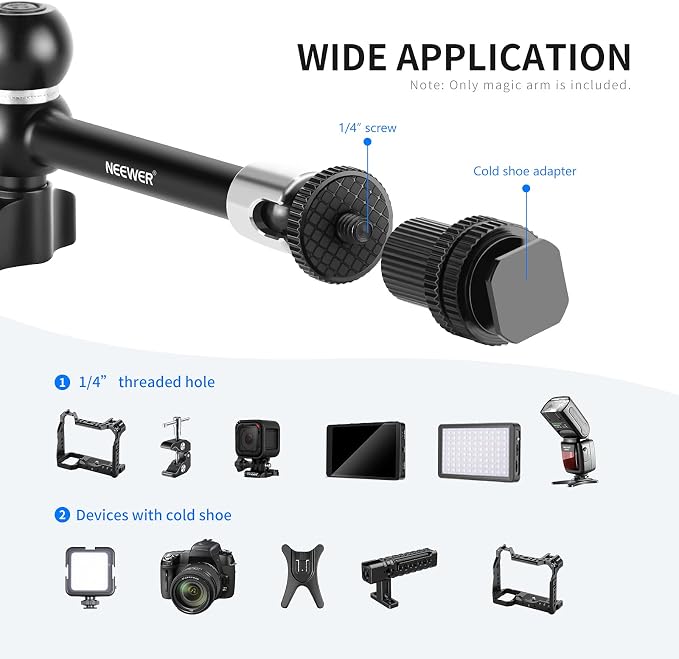 NEEWER 5.9"/15cm Adjustable Friction Magic Arm with 1/4" Screw on Both Ends, Compatible with SmallRig Cage, Flash/LED Light/Microphone/Monitor/SuperClip, Max Load 4.4lb/2kg, ST15 - Image 2