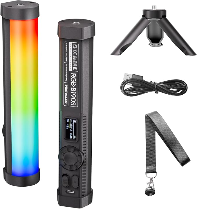 PHOTOOLEX 360°RGB Tube Light, LED Video Light Wand, Magnetic Light Stick | 2500K-9900K/360° Full Color/CRI 96+/2600mAh/Rechargeable/Handheld, Photography Light Bar for TikTok YouTube by PHOTOOLEX
