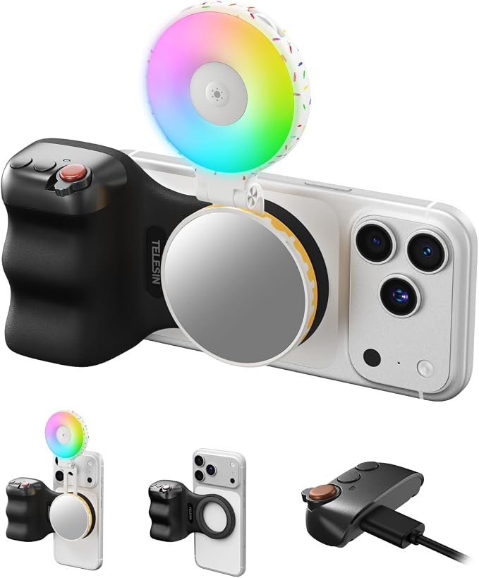TELESIN Fun Shot Magnetic Phone Camera Grip & 360° RGB Selfie Light Kit | Phone Selfie Grip Creator Kit for iPhone Magsafe & Android Selfies/Photography/TikTok/Zoom Calls/Video(B) by telesin