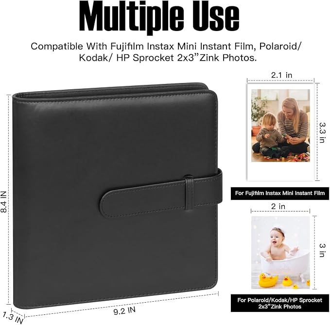 Veicevol 360-Pocket Album for Instax Mini & Polaroid 2x3 inch Photos, Black | Designed for Instax Mini and Polaroid 2x3 Photos, PU Leather Cover, Horizontal & Vertical Pockets, Wedding Birthday Travel - Image 2
