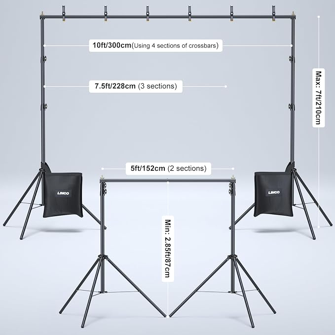 LINCO Lincostore Backdrop Stand Kit 10x7ft for Photography | Adjustable back drop holder frame with clamps, sand bags, carry bag for party, event decoration, wedding & photo studio - Image 2
