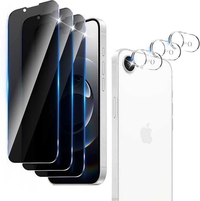 3+3 Pack Privacy Screen Protector Designed for iPhone 16e / 17e With 3 Pack Camera Lens Protector,Full Coverage Anti-Spy Tempered Glass Film,9H Hardness,Bubble Free,Easy to Install by Unknown