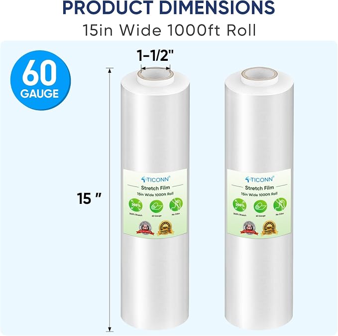 TICONN Stretch Wrap Roll, 15 in x 1000 ft Plastic Wrap for Moving Furniture | Odorless Industrial Strength Stretch Film, 300% Stretchability, Self-Adhering, Ideal for Furniture, Box Protection - Image 2