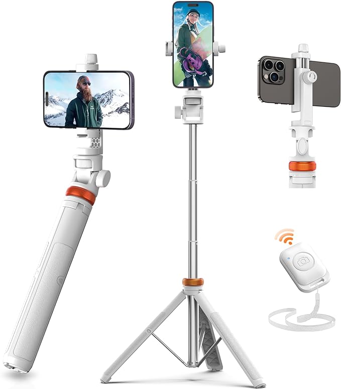 EUCOS 62" Tripod for iPhone, Sturdy Selfie Stick Tripod with Remote & Lightweight Phone Stand, Solidest Portable Cell Phone Tripod, Compatible iPhone Pro Max/Android [White] | Extendable Cell Phone Stand & Ultimate Phone Holder, Solidest Phone Stand Co... by EUCOS