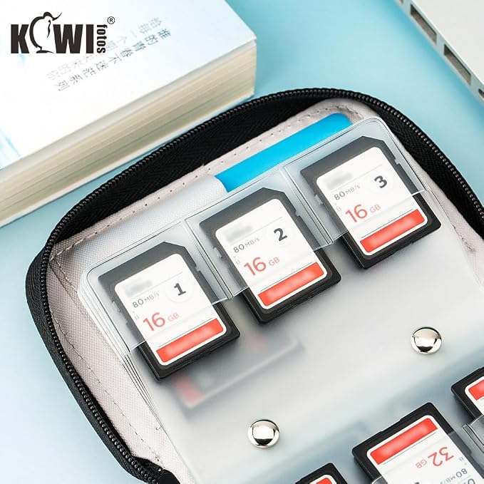 28 Slots SD Card Holder Case with Labels for 24 SD+4 CFB Cards | Holds 24 SD + 4 CF/XQD. Number stickers + notepaper for indexing. Durable polyester. Transparent slots memory Card case. - Image 7