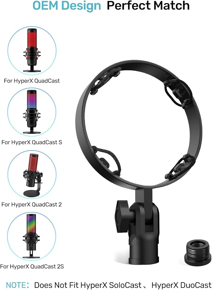 Custom Built for HyperX Quadcast Shock Mount with 5/8" 3/8" 1/4" Adapters | Metal Outer Ring, Anti-Vibration Suspension, Improves Sound Quality, Fits Mic Stand & Boom Arm, for Podcast, Gaming - Image 2