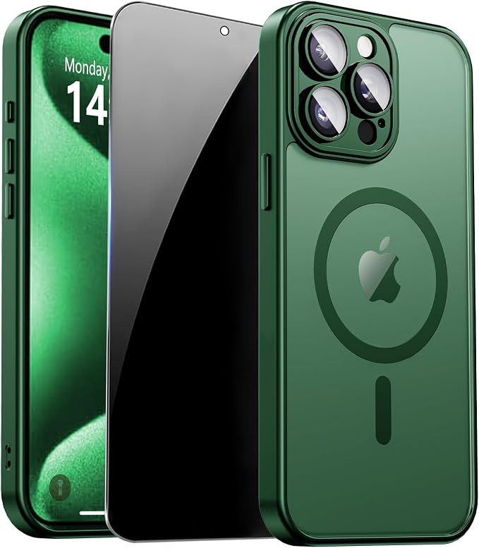 for iPhone 15 Pro Case with Privacy Screen Protector, Green | Full Camera Protection, Translucent Matte Magnetic, Compatible with MagSafe, Shockproof Phone Cover, Slim Fit by ZOZDOKG