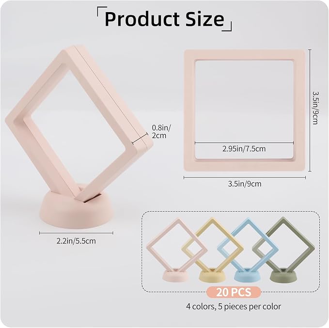 20 Pcs Floating Frame Case with Stands, 3.5X 3.5 x 0.8 inch, Challenge Coin Display,Transparent PE Jewelry Storage Box, Floating Display Holder Stands for Antique Challenge Coins, Medallion(4 Color) - Image 2