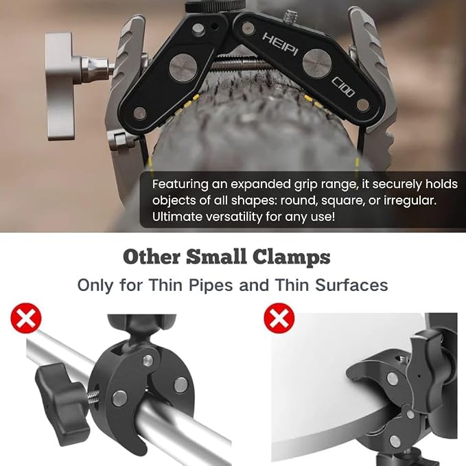 HEIPI C100 Super Clamp, Max Clamping 3.93" with 1/4"-20 & 3/8"-16 Screw | 2-in-1 clamp & stand design. Max clamping 3.93"/10cm.Compatible with phone, action camera, DSLR. Universal tripod accessories - Image 2