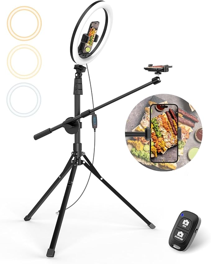 UBeesize 12" Ring Light with Overhead Phone Mount & 62" Tripod Stand | Tripod for iPhone with Ringlight and Remote, Telescopic Crossbar, Overhead Camera Mount for Cooking, Photography, TikTok by UBeesize