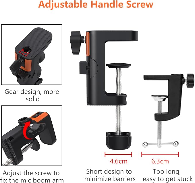 Table Clamp Mount for Microphone Stand, 2-in-1 Mic Boom Arm Clamp Table C Clip for Desktop Overhead Camera Tripod Mic Stand Lamp Base, Fits Up to 2.56 inch 6.5cm Desktop Thickness, 1 PCS - Image 3