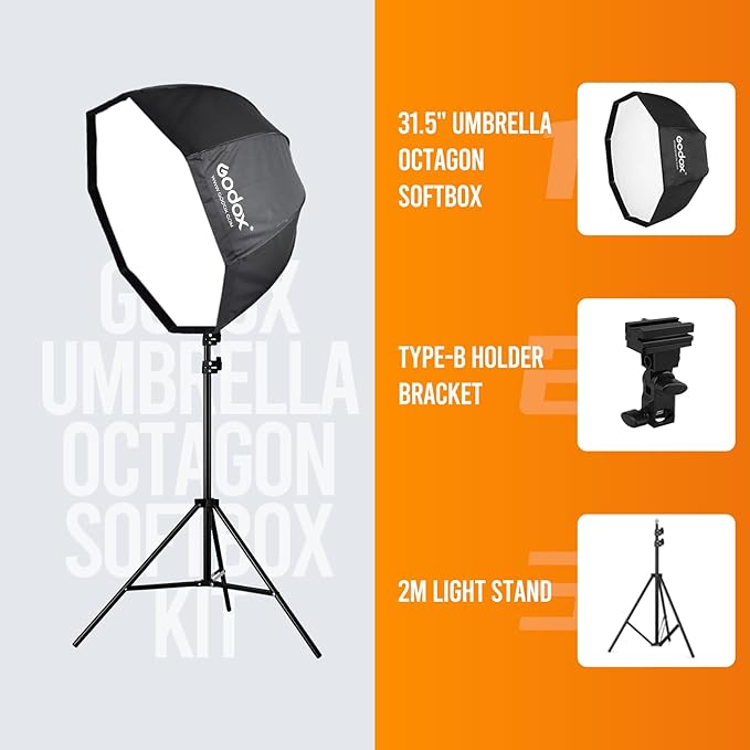 Godox Photo Studio 80cm 31.5in Portable Octagon Umbrella Softbox | 190cm Light Stand with Hot Shoe Holder Bracket kit for Flash Speelidte - Image 4