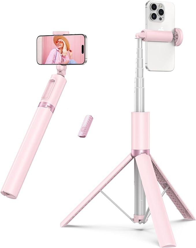 ATUMTEK 55" Selfie Stick Tripod, All-in-one Extendable Aluminum Phone Tripod with Rechargeable Bluetooth Remote for iPhone and More, Fitting 4.7-7 inch Smartphones, Pink by ATUMTEK