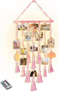 Hanging Photo Display Wall Decor, Pink Macrame Wall Hanging Boho Room Bedroom Decor, Picture Frame Collage with Remote Light & 30 Clips, Christmas Teenage Teen Girl Gifts Ages 10 11 12 13 14 Years Old by HOMECOR