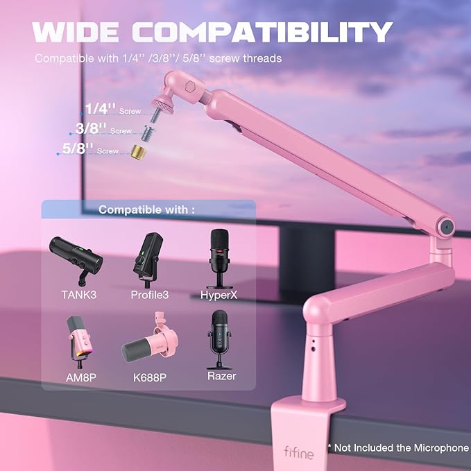 FIFINE BM88P Low Profile Metal Microphone Boom Arm for Gaming Streaming | Metal Adjustable Mic Stand, Built-in Cable Management Channel, Desk Clamp, Screw Adapter, for Studio Voice Recording - Image 3