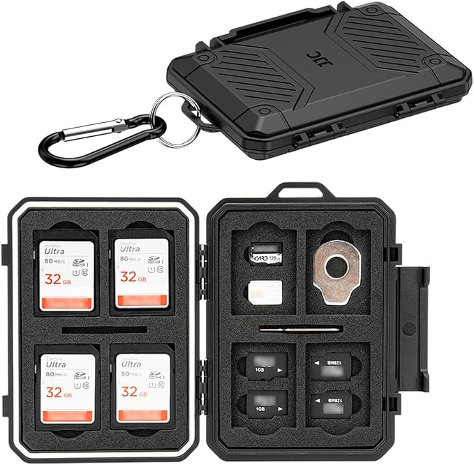 JJC Slim Memory Card Case for 8 SD 12 TF and 2 Nano SIM Cards, IP67 Waterproof Anti-Shock Anti-Dust, Compact Size & Portable SD SDHC SDXC TF Micro SD Card Holder Organizer Storage Box with Carabiner by JJC