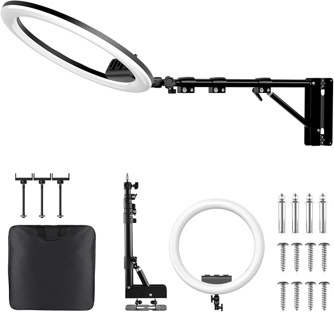 Ring Light Wall Mount with 3 Phone Holder 19", 45.7" Adjustable Boom Arm | 180° Rotatable Space-Saving Wall Mount Lighting Design for Photography, Makeup, Tattoo, Beauty Salon, Barber Studio by GSYXERGILES