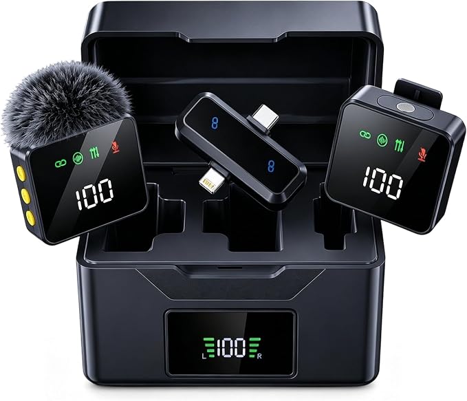 2 Mini Wireless Lavalier Microphones for iPhone & Android, Noise Cancelling, Plug & Play, 60H Battery with Charging Case, Portable Lapel Mic for Content Creators, Podcast, Streaming (Black) by Unknown