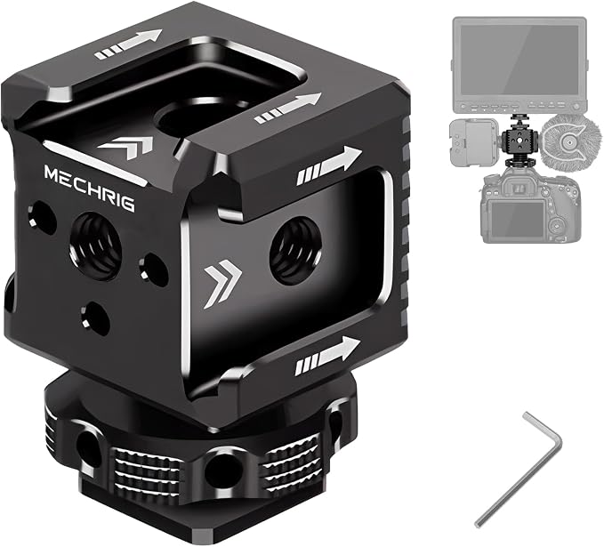 Triple Cold Shoe Mount with 1/4" Thread, Aluminum Camera Hot Shoe Extension Bracket with 3 Port Cold Shoe Mounts for LED Video Light Monitor Microphone Camera Cage (62011) by Mechrig