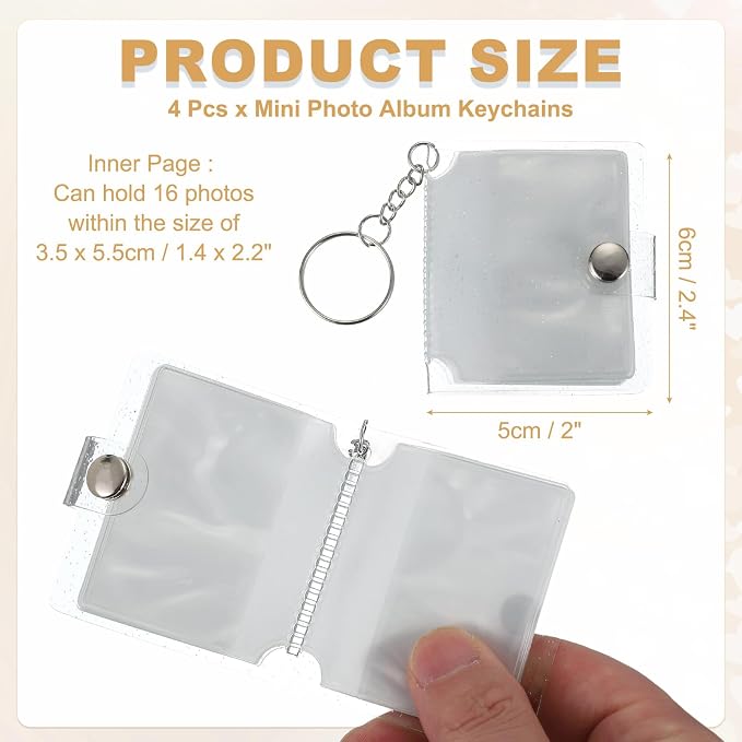 uxcell 4 Pcs Mini Photo Albums, 2.4 Inch PVC Small Photo Storage with Keychain Photo Album with 16 Pockets for Pictures Valentine's Day Gift Wedding, Transparent - Image 2