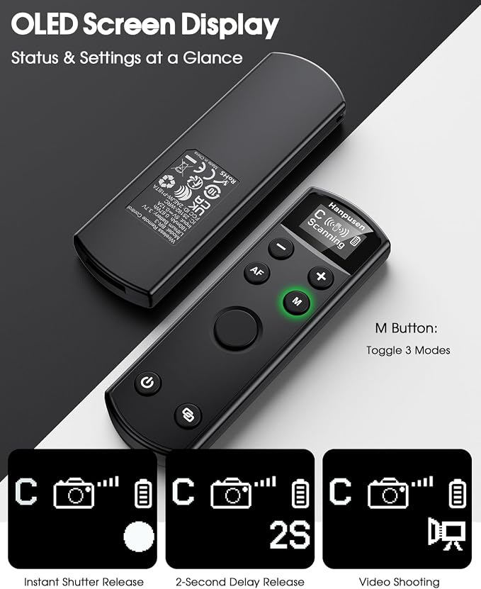 for Canon Camera Remote Control, Hanpusen Rechargeable Wireless Shutter Release with OLED Screen for R50/G7X Mark III/R8/R5/R/RP/R50 V/R10/R5 Mark II/M50/M200/6D Mark II/M6 Mark II, Replace BR-E1 - Image 6
