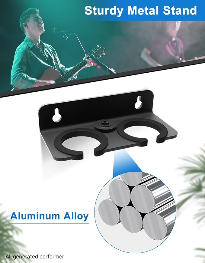 Double Mic Holder for Stand, Wall Mounted for 2 Handheld Wired/Wireless Mic | Multiple Mic Organizer Fits 5/8 & 3/8 Stands, Rubber Pad Protection, Holds 2 Dynamic Mics for Church/Stage/Studio/Podcast - Image 5