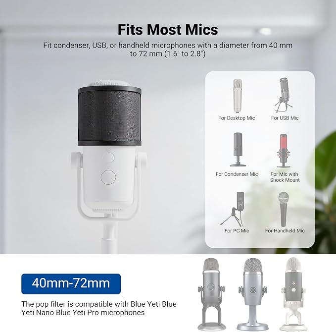 NEEWER Pop Filter for Microphones, Triple Layer Isolation Shield Windscreen Cover for 40-72 mm Diameter Mics, Compatible with Blue Yeti for Podcast Streaming Voice Over Singing Studio Recording, MS020 - Image 3