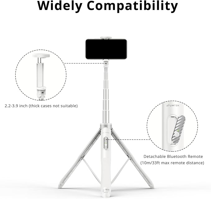 ATUMTEK 51" Selfie Stick Tripod, All in One Extendable Phone Tripod Stand with Bluetooth Remote 360° Rotation for iPhone and Android Phone Selfies, Video Recording, Vlogging, Live Streaming, White - Image 6