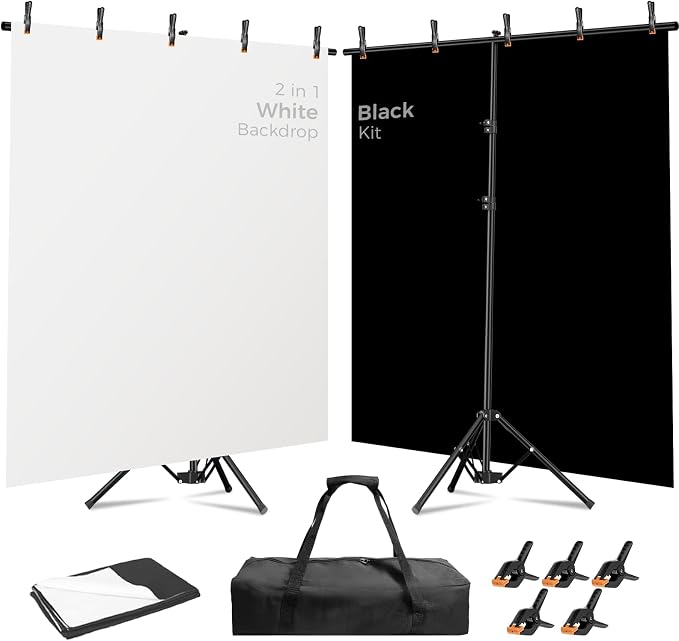 Emart 6.5x5ft 2in1 Black&White Photo Backdrop Stand Kit with T-Shape Stand | Reversible 2-in-1 backdrop, black and white sides for diverse shooting needs by EMART
