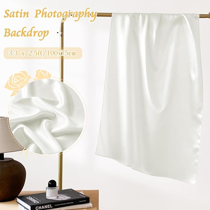 RUDONG M Satin Photography Backdrop, White, 3.3x2.5ft | Wrinkle-Free, Silky Fabric, For Jewelry/Cosmetics/Flat Lay/Studio, 100x75cm - Image 4