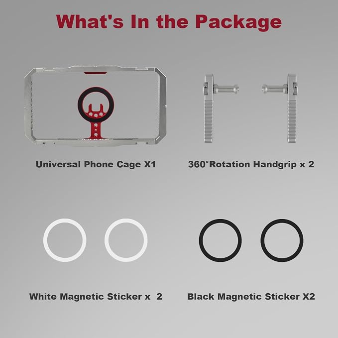 Magnetic Phone Cage with Handle,Smartphone Cage Kit with 360° Rotation Handgrip and Magnetic Sticker for Photography,Compatible with iPhone 17/16/15/14/13 Series and Andriod Phones (Silver+Red) - Image 7