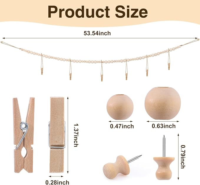 2 Pack Hanging Photo Display with Clips, Boho Wooden Bead Wall Decor | 53.5 In Jute Garland, 60 Clips And 7 Wooden Pegs, Natural Wood Beads, For Photos, Cards And Artwork - Image 2
