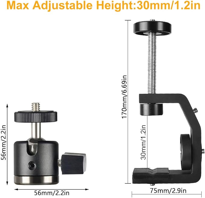 UTEBIT Super Clamp Mount with Mini Ball Head Mount, 30mm | 1/4" Screw Hot Shoe Adapter Camera Clamp for Desk, Bicycle, Gopro Compatible with DJI Action 2/Insta360, Black - Image 2