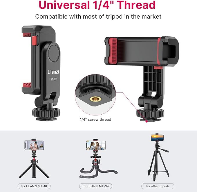 ULANZI ST-06S Phone Tripod Mount Holder for iPhone | Camera Hot 2 Cold Shoe Phone Mount Compatible for iPhone Android Sony Canon DJI Ronin S/SC Zhiyun Gimbals - Image 4