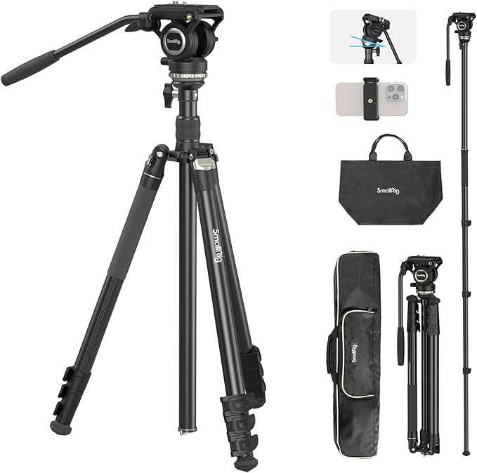 SmallRig CT210 Video Tripod, 75" Video Camera Tripod Monopod with +/-15° Leveling Base Fluid Head, Professional Camera Tripod Compatible with Video Camera, DSLR, Camcorder-4475 by SmallRig