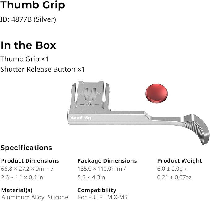 SmallRig Thumb Grip with Hot Shoe Cover for FUJIFILM X-M5 (Silver) - 4877 | Built-in Silicone Pads,Textured Surface for Enhanced Grip (Silver)-4877 - Image 8