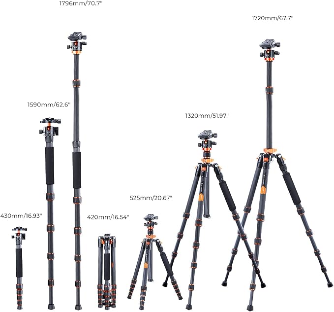 K&F Concept 68" Carbon Fiber Camera Tripod, Metal Ball Head for DSLR | 22lbs Load, Detachable Monopod, Compact Tripods with Phone Mount, Quick Release Plate, O255C4+BH-28L - Image 7