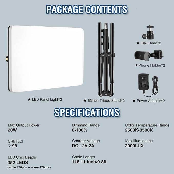 2-Pack LED Video Light Kit with 63'' Tripod Stand, 2500K-8500K Dimmable Studio Light Photography Panel Lighting for Video Recording Game Live Streaming Podcast YouTube Filming, Phone Holder - Image 6