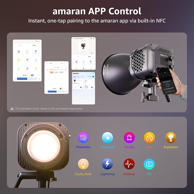 amaran Halo 200x Compact 200W Bi-Color COB Light,LED Studio Light | Bowens Mount 2,700K - 6,500K,9 Lighting FX Continuous Lighting for Photography Recording Streaming APP Control - Image 5