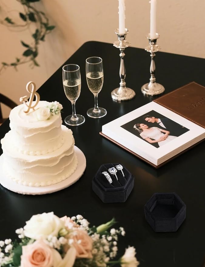 MFXIP Velvet 3 Slots Jewelry Ring Box Engagement Wedding Box Keepsake Box Bridal Photo Ring Triple Slots Hexagon - Image 5