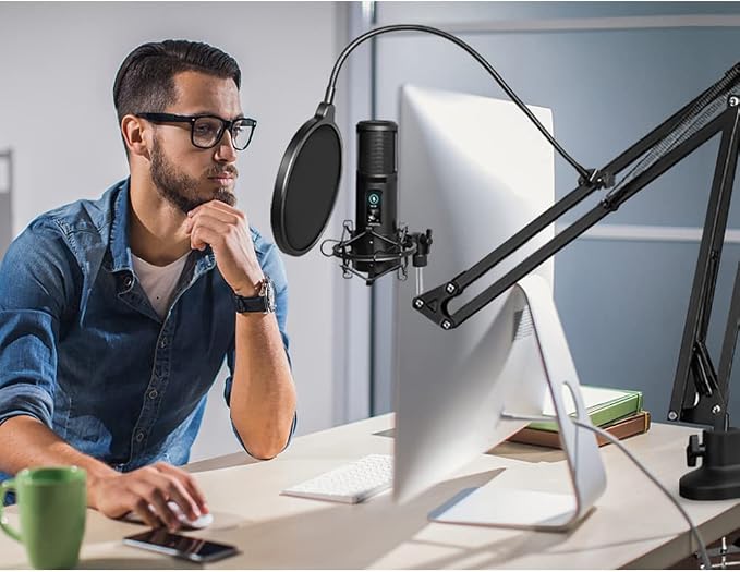 Heavy Duty Adjustable Boom Arm Microphone Stand | Includes pop filter, mic mounts and 1/4", 3/8", 5/8" adapters; compatible with Blue Yeti and HyperX QuadCast for broadcast. - Image 9