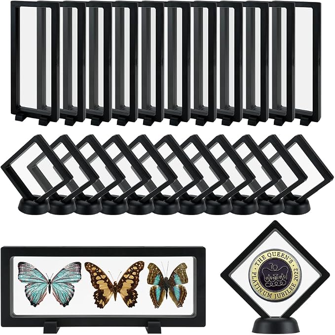 3D Floating Display Case, Transparent Film Jewely Storage Box, Black Challenge Coin Display Holder Stand for Antique Challenge Coins Medals Jewelry Shells Gems Minerals Rocks Specimen Pins (24Pcs) by HOSTK