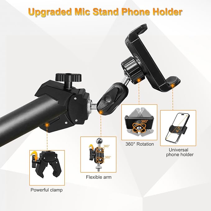 Phone Holder for Mic Stand, Treadmill, Spin Bike, Stroller, Adjustable Clamp on Phone Holder for Microphone Stand, Desk Pipe Pole Clamp Phone Mount Stands for iPhone Samsung All Smartphones (Standard) - Image 2
