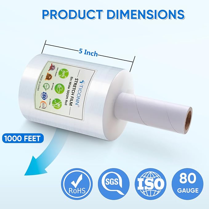 TICONN Stretch Wrap Stretch Film Roll, 1000ft Industrial Strength 5 inch Wide Clear Plastic Wrap with Handles for Pallet Wrapping Shipping Moving - Image 4