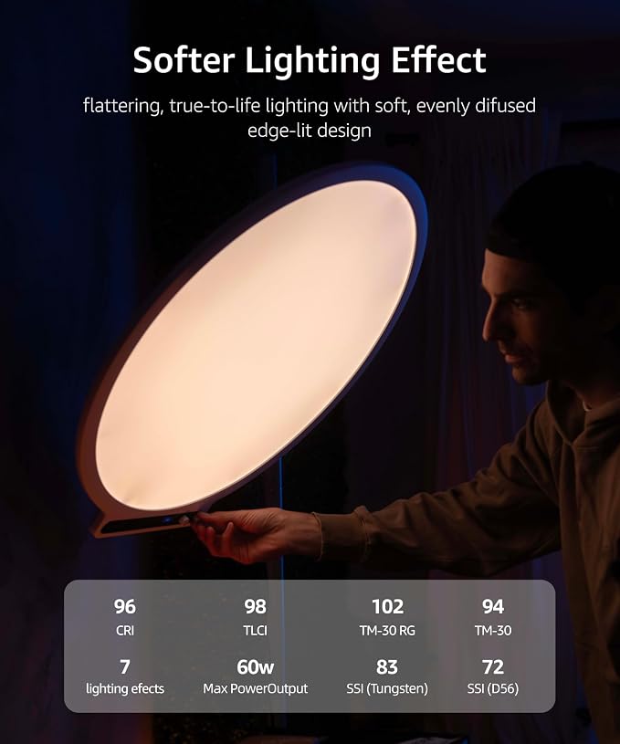 amaran Verge Max LED Video Light,60W Bi-Color Panel Light White | 22in Circular Edge-lit Panel Light,APP Control Desk Clamp Stand Dimmable Desk Light Home Office Gaming Podcast Live Streaming - Image 2