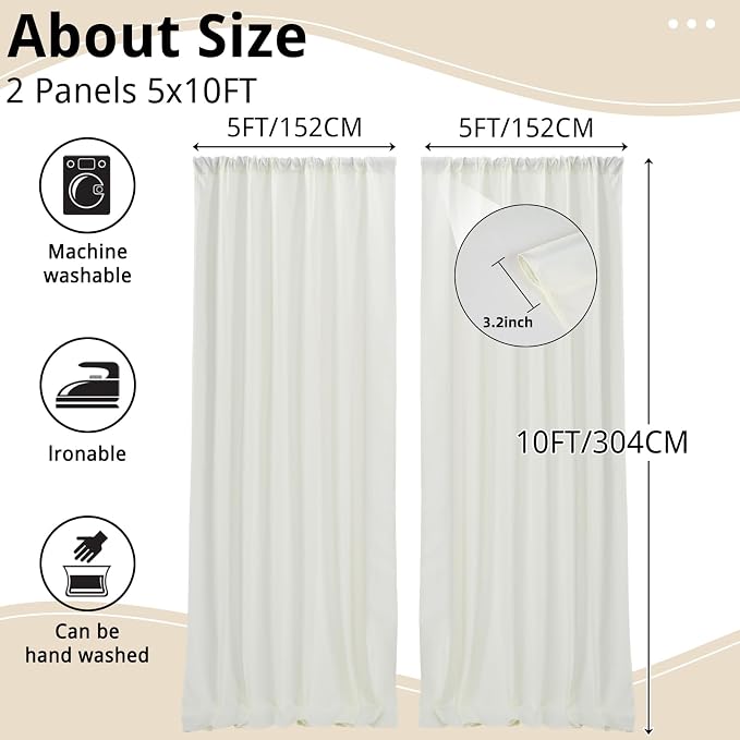 10x10FT Beige Backdrop Curtains for Parties, 5x10FT 2 Panels | Wrinkle Resistant Fabric Drapes for Photography Birthday Wedding Background Decorations Easy Hang Multipurpose Use - Image 3