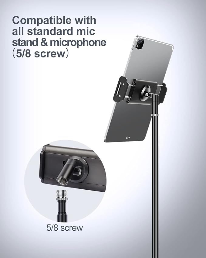 elitehood Aluminum iPad Holder for Mic Stand, Side Mount iPad Music Stand | 360° Swivel Tilt Adjustable Tablet Holder for Microphone Stand, Heavy Duty iPad Clip Attachment for 4-13in Tablets, Black - Image 7