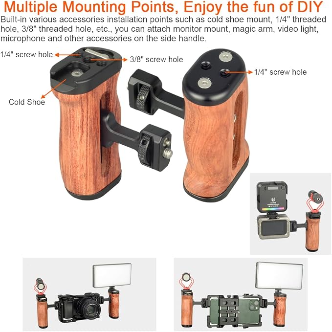 Wooden Camera Cage Side Handle Grip with 1/4" Screw Locating Mount for ARRI, Mini Side Handle for Smartphone Cage Video Rig and Action Camera Cage Compatible with Gopro/Insta360/DJI Osmo - Image 3